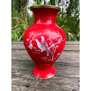 Vintage Japanese Vase Red Lacquer Brass Inlaid Shell Birds